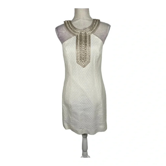 Lilly Pulitzer Adelina White Dress Gold Beaded Neckline sz 4 - Picture 2 of 10